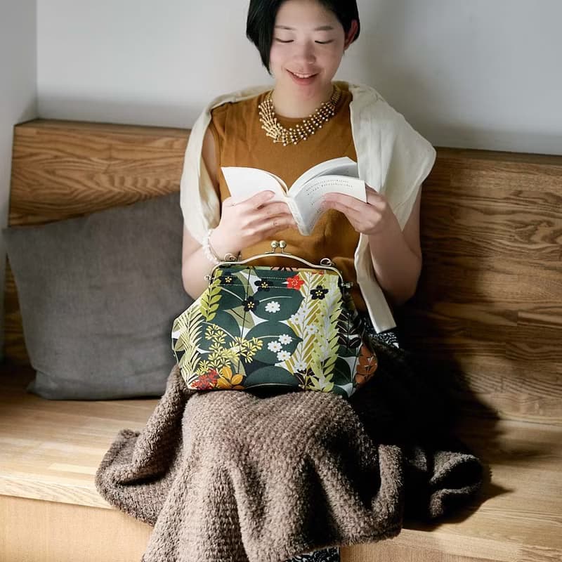 横長ベンリーがま口バッグ 植物園 Botanical Garden ハンドバッグ Frame Bag 牛革ハンドル付 日本製