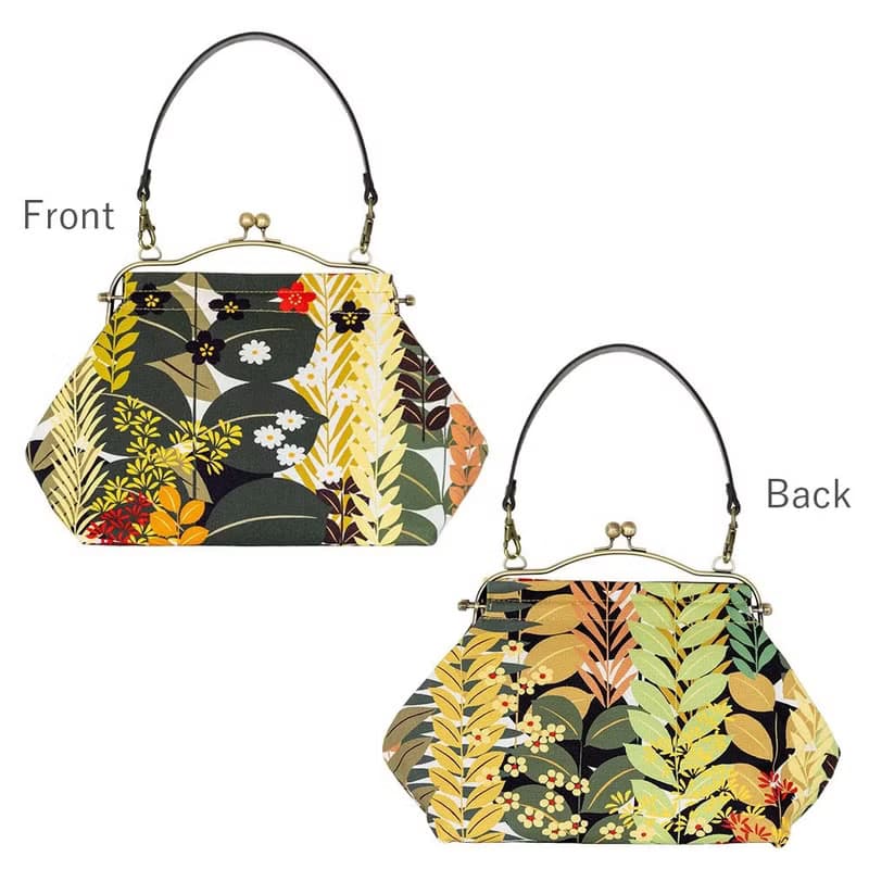 横長ベンリーがま口バッグ 植物園 Botanical Garden ハンドバッグ Frame Bag 牛革ハンドル付 日本製