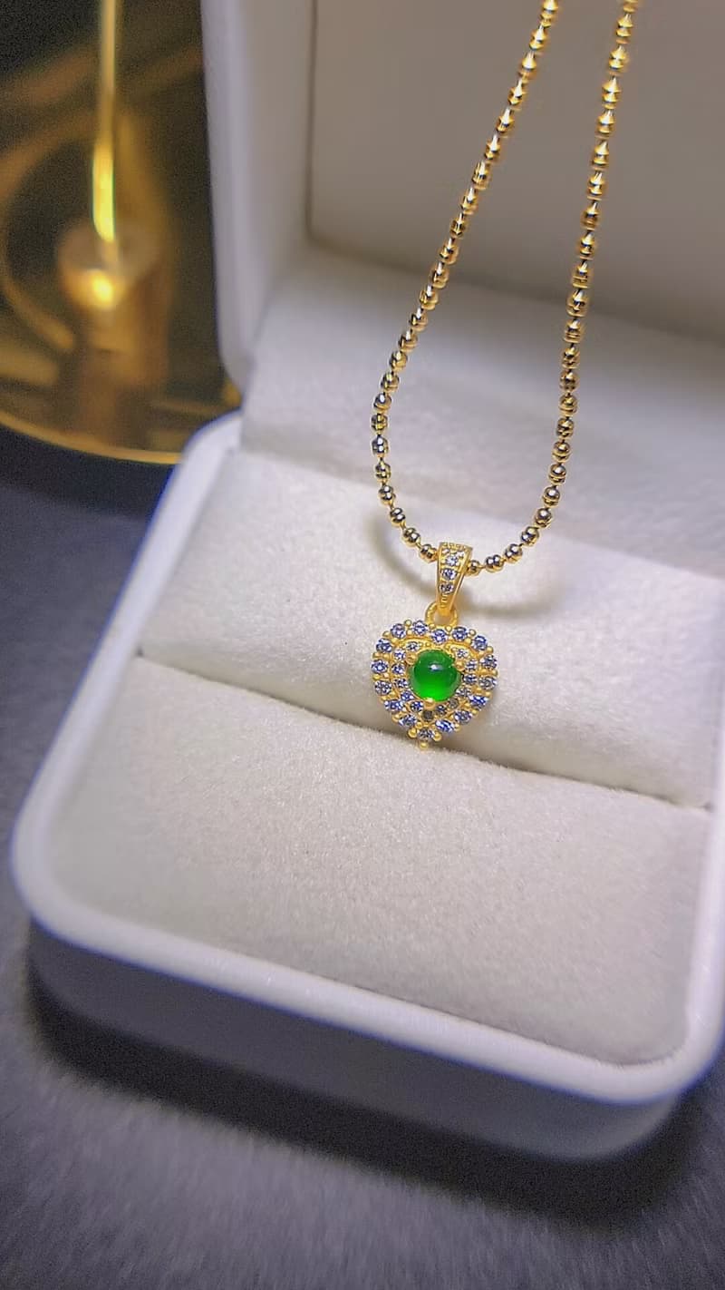 |有財甜心|A貨翡翠冰玻綠蛋面4mm純銀鍍18k黃愛心款項鍊