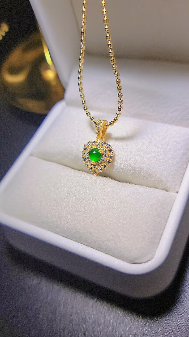 |有財甜心|A貨翡翠冰玻綠蛋面4mm純銀鍍18k黃愛心款項鍊