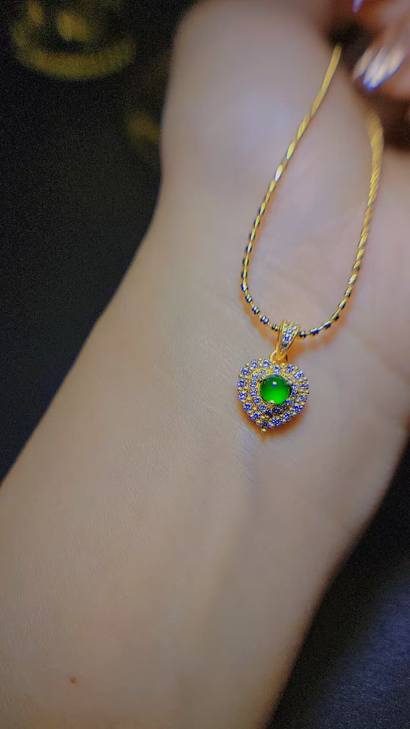 |有財甜心|A貨翡翠冰玻綠蛋面4mm純銀鍍18k黃愛心款項鍊