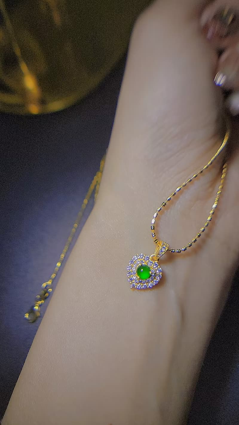 |有財甜心|A貨翡翠冰玻綠蛋面4mm純銀鍍18k黃愛心款項鍊