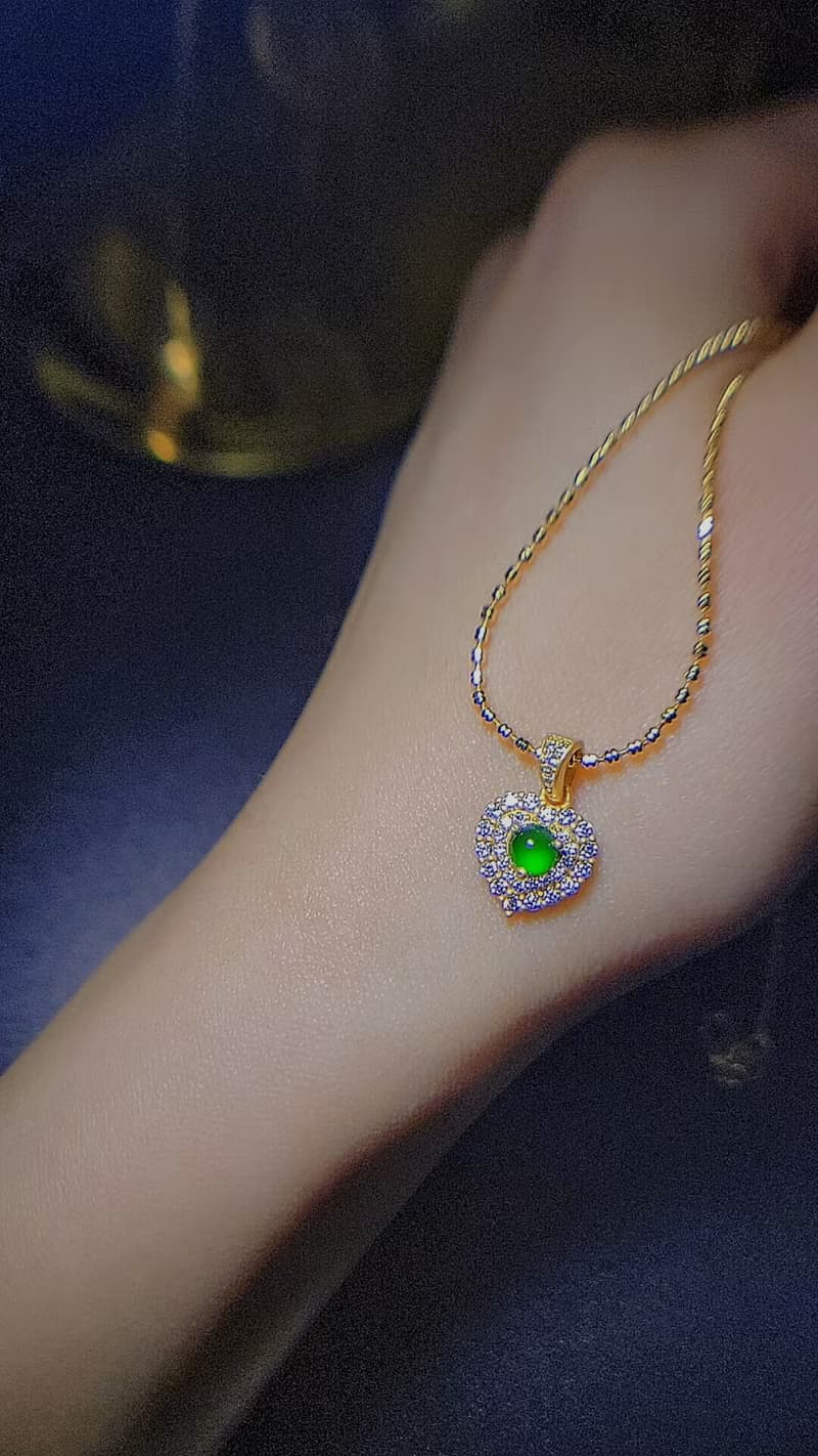 |有財甜心|A貨翡翠冰玻綠蛋面4mm純銀鍍18k黃愛心款項鍊