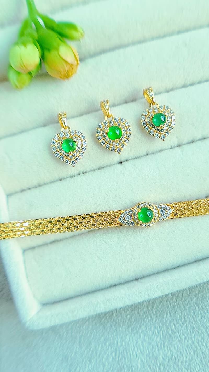 |有財甜心|A貨翡翠冰玻綠蛋面4mm純銀鍍18k黃愛心款項鍊