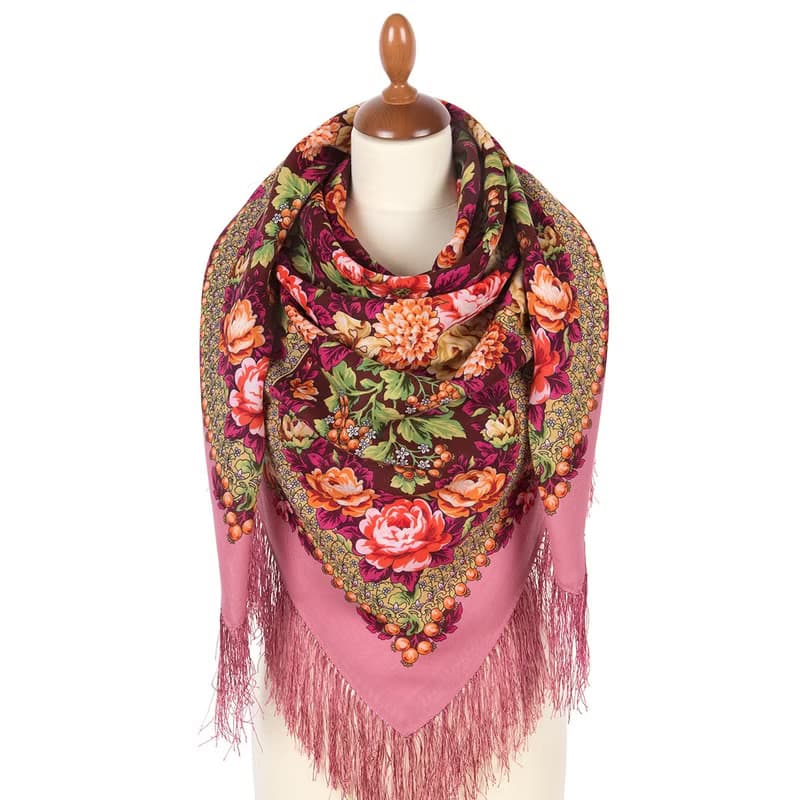 Pavlovo Posad Russian Shawl 100% Wool Scarf 125x125 cm Wrap Silk Fringe 2082-3