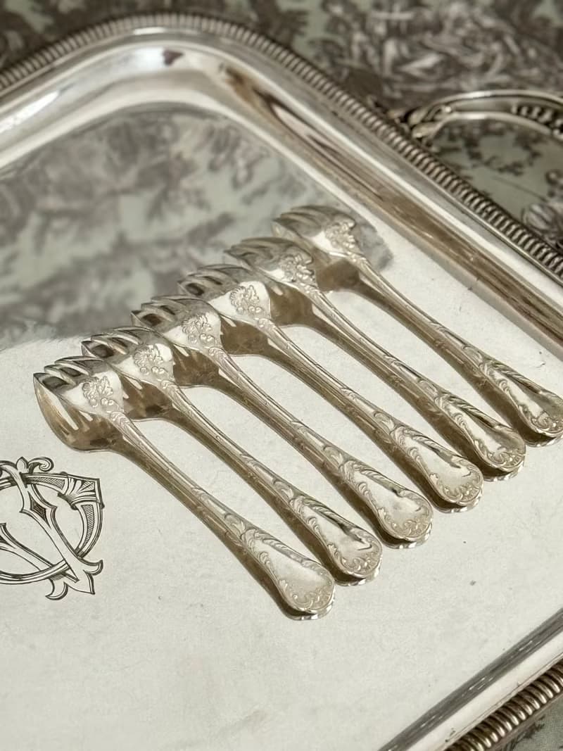 40676-珍藏法國古董CHRISTOFLE鍍銀叉6支附盒