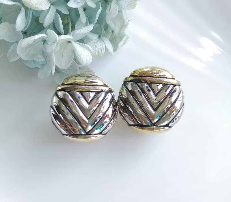 【西洋古董飾品 】銀色調 幾何 摩登 大耳環 夾式耳環