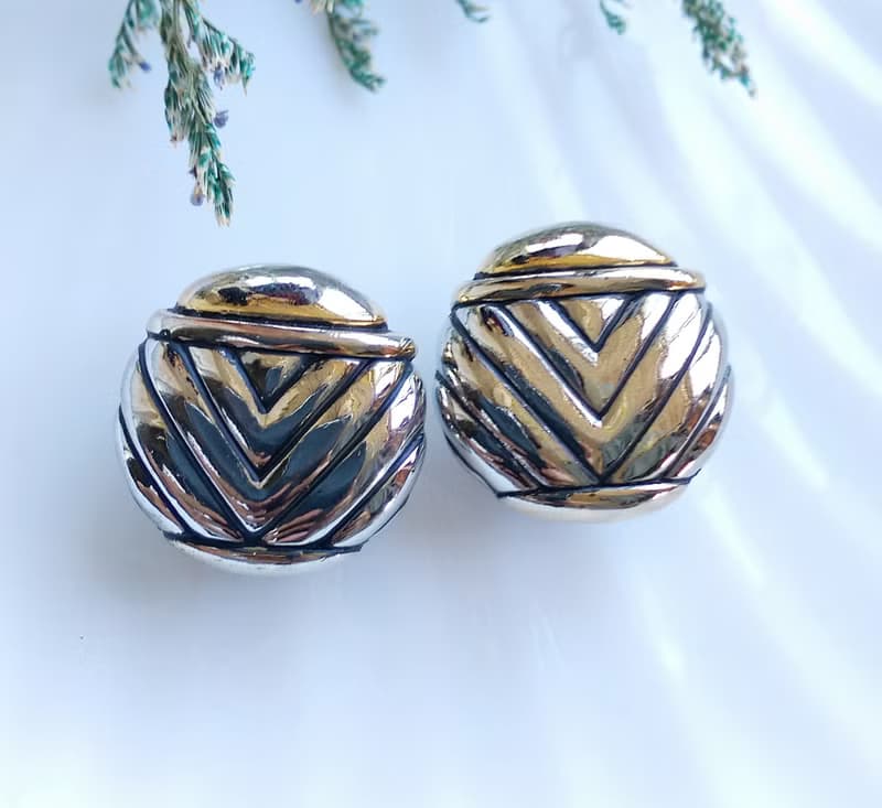 【西洋古董飾品 】銀色調 幾何 摩登 大耳環 夾式耳環