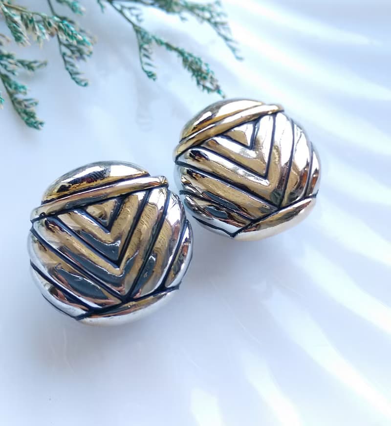 【西洋古董飾品 】銀色調 幾何 摩登 大耳環 夾式耳環