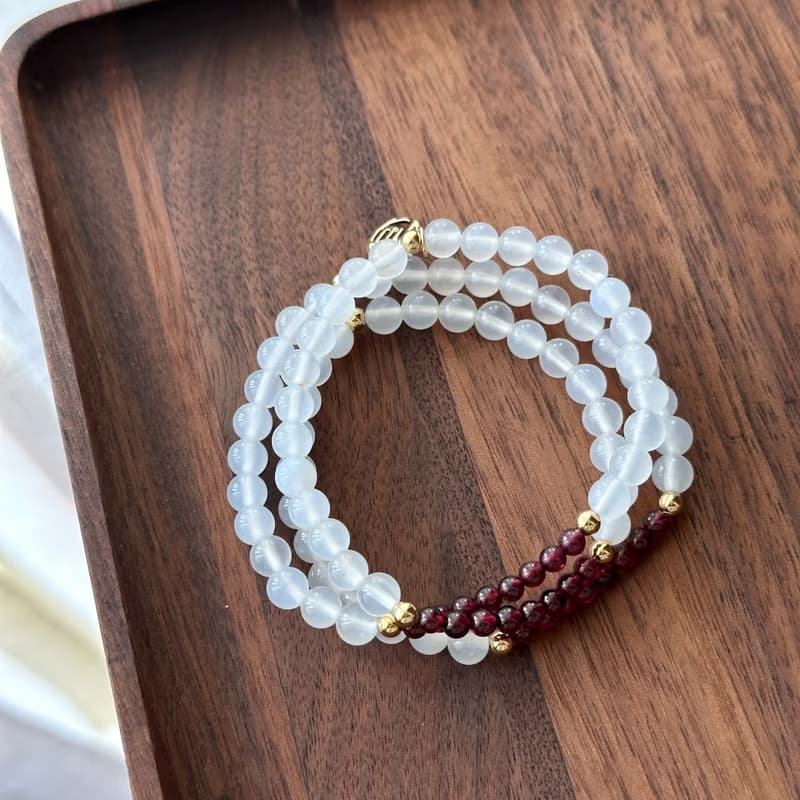 【三環】白瑪瑙|石榴石|鍍金三圈細手鏈