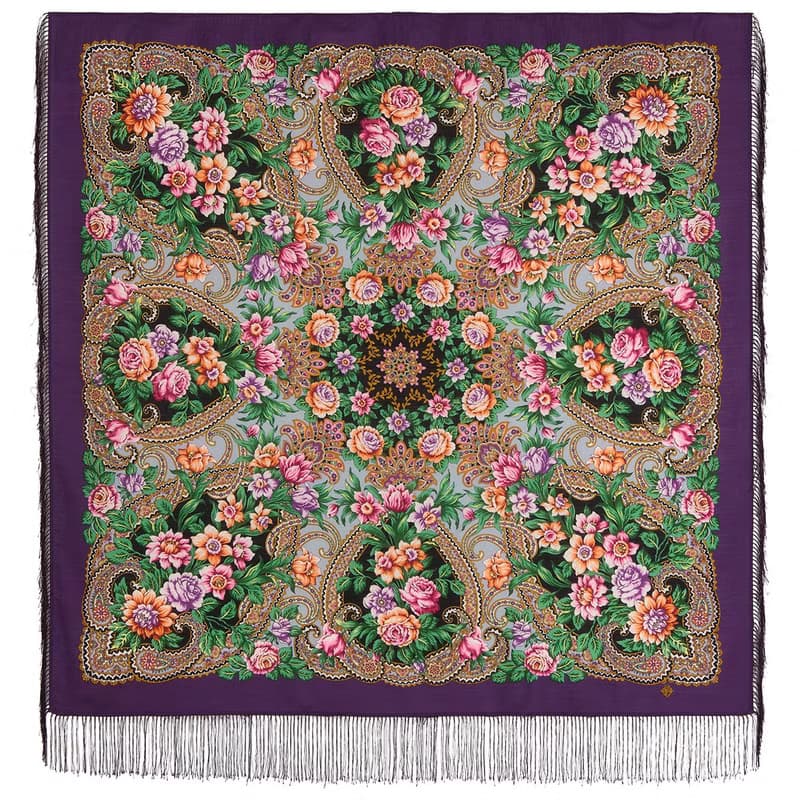Pavlovo Posad Russian Shawl 100% Wool Scarf 125x125 cm Wrap Silk Fringe 1835-15