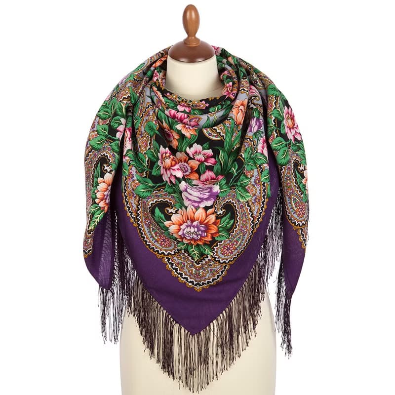 Pavlovo Posad Russian Shawl 100% Wool Scarf 125x125 cm Wrap Silk Fringe 1835-15