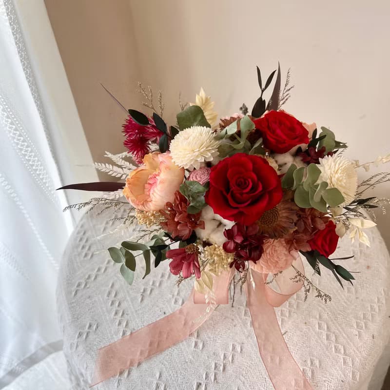 新娘捧花 緋紅色永生玫瑰捧花