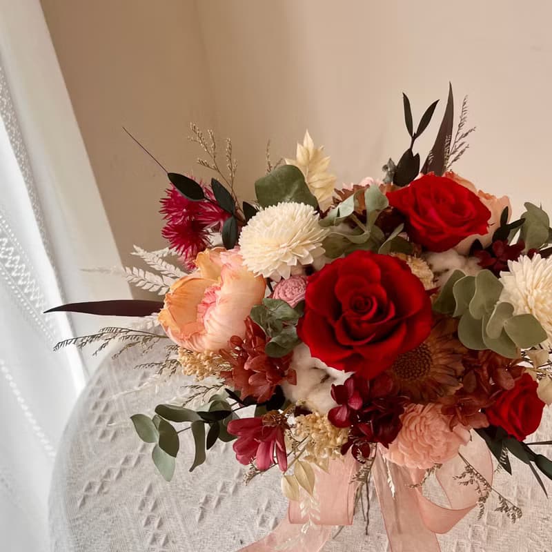 新娘捧花 緋紅色永生玫瑰捧花