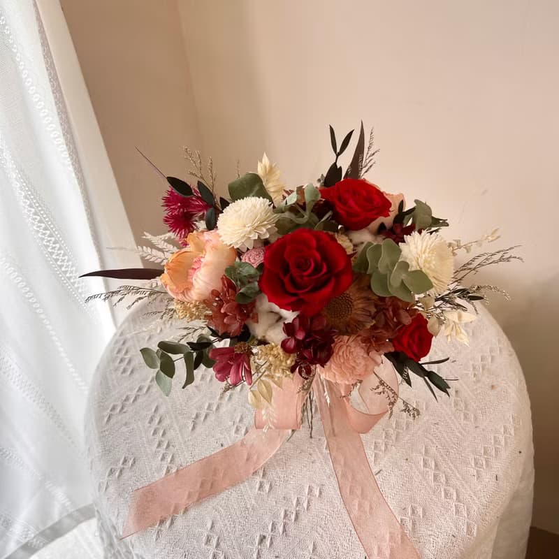新娘捧花 緋紅色永生玫瑰捧花