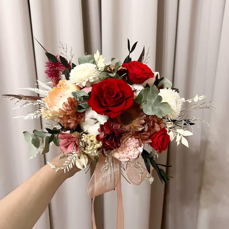 新娘捧花 緋紅色永生玫瑰捧花