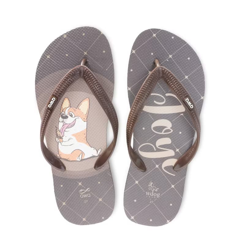 男夾腳拖鞋 汪來汪趣  柯基 狗狗 防滑防水人字拖  巧克力