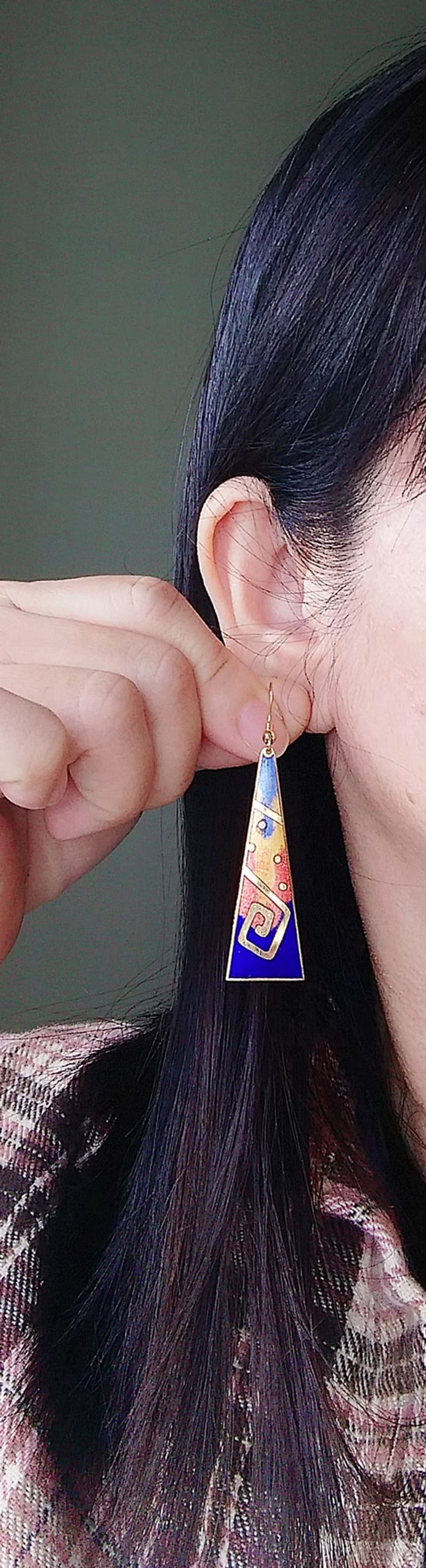 【西洋古董飾品 】景泰藍 長三角 普普 大耳環 耳勾針 針式耳環