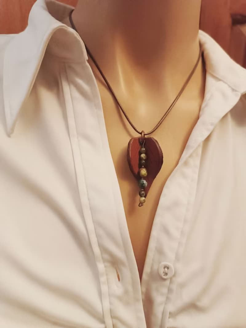 Leaf Necklace, Handmade Leather Leaf Pendant Necklace, Moss Agate/Green Jasper