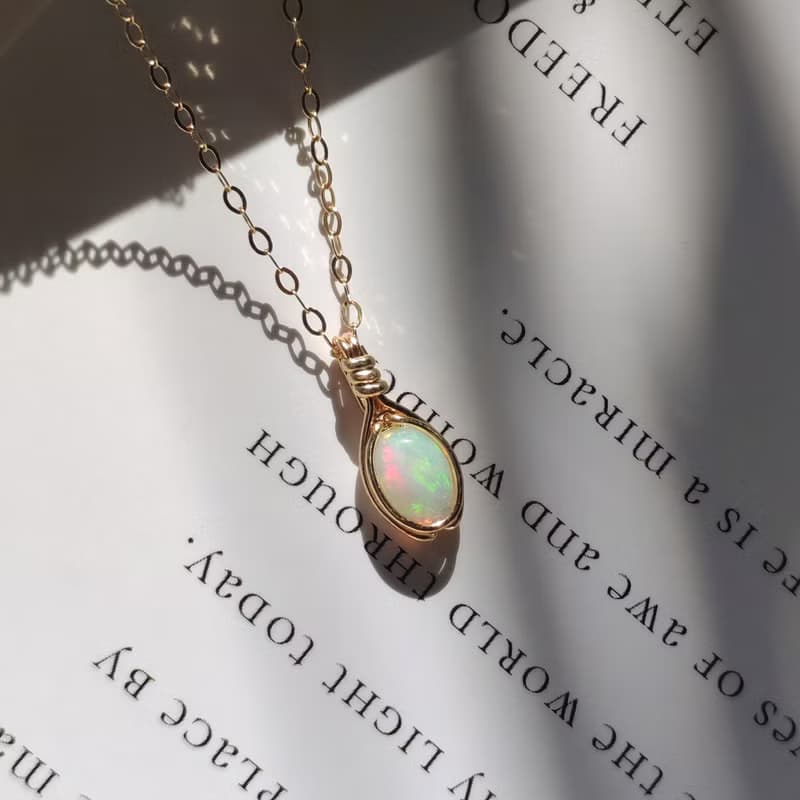 天然歐泊吊墜14k包金十月生辰石誕生石項鍊 14KGF鑲嵌天然石吊墜