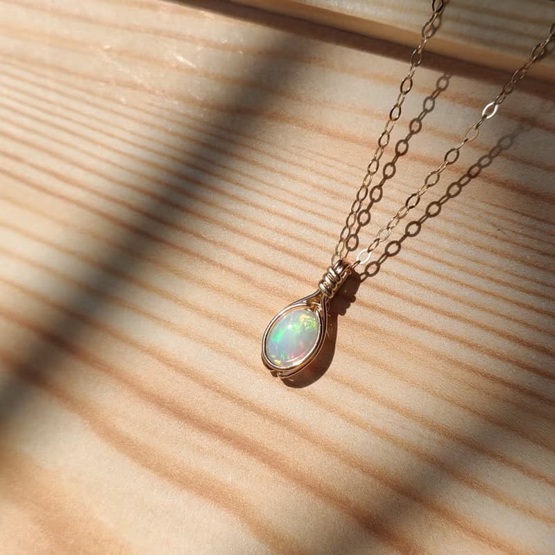 天然歐泊吊墜14k包金十月生辰石誕生石項鍊 14KGF鑲嵌天然石吊墜