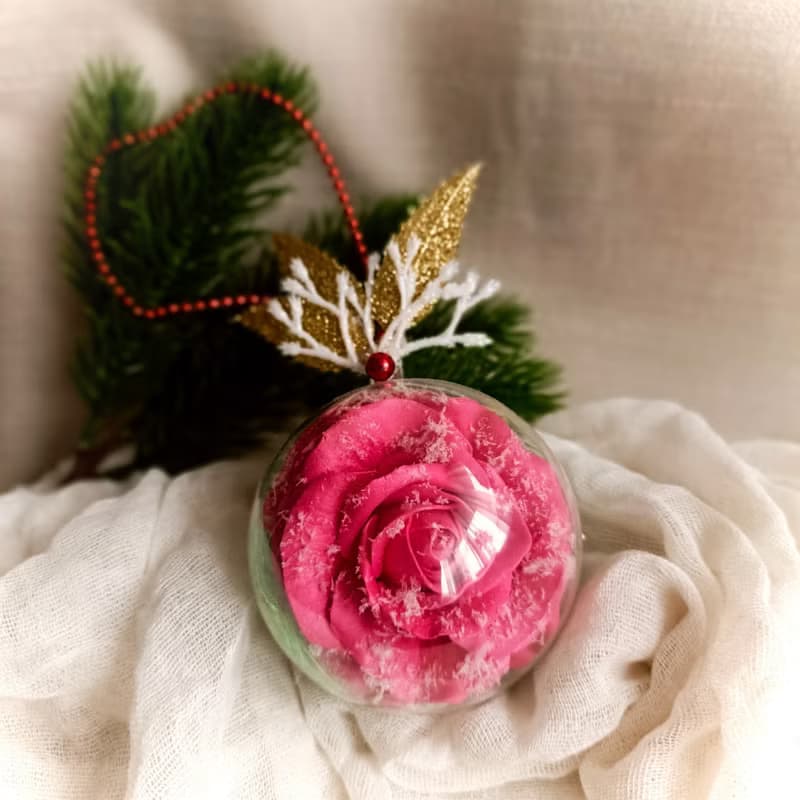 Christmas ball ornament tree.Handmade Rose in ball. Christmas tree decoration