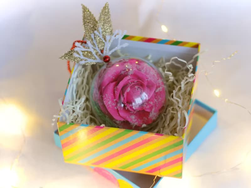 Christmas ball ornament tree.Handmade Rose in ball. Christmas tree decoration