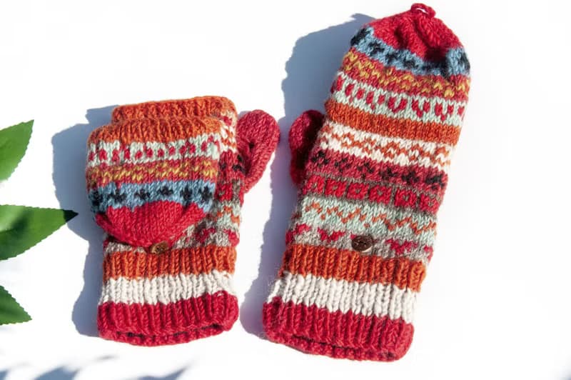手織純羊毛針織手套/可拆卸保暖手套/內刷毛手套/觸控手套-夕陽