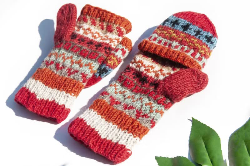 手織純羊毛針織手套/可拆卸保暖手套/內刷毛手套/觸控手套-夕陽