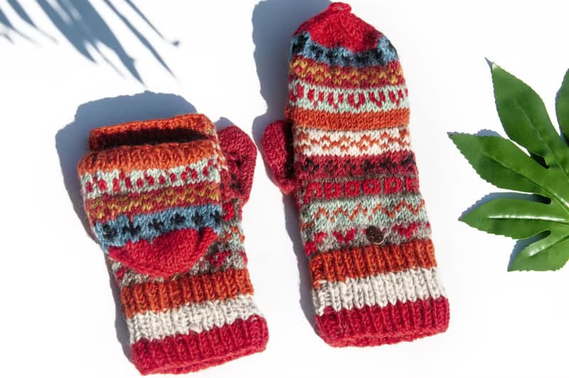 手織純羊毛針織手套/可拆卸保暖手套/內刷毛手套/觸控手套-夕陽