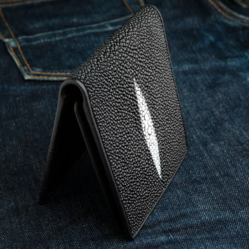 黑色魟魚皮革手工錢包 牛皮內裡 8卡槽 雙透明證件位