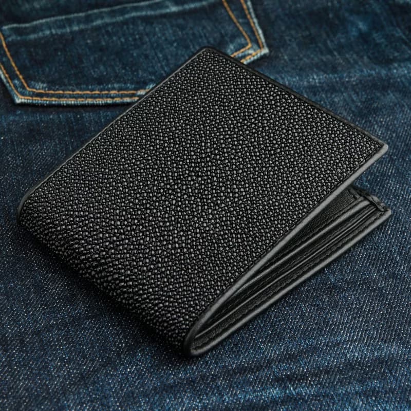 黑色魟魚皮革手工錢包 牛皮內裡 8卡槽 雙透明證件位