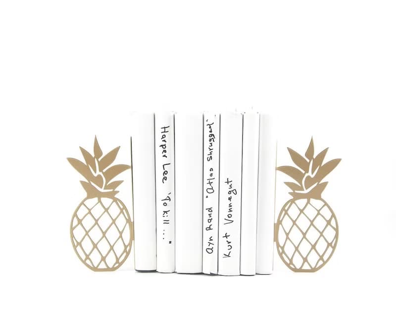 Pineapple Metal Bookends – Modern Colorful Shelf Decor in Purple or Gold