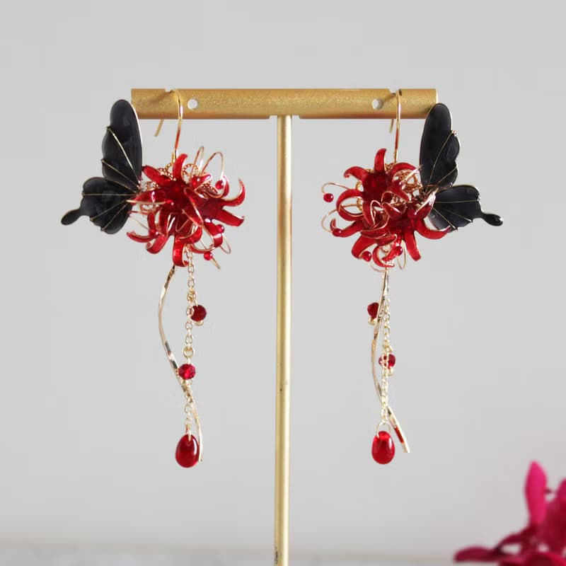 【彼岸花蝴蝶耳環】紅色彼岸花耳環  蝴蝶垂墜 耳環 耳夾