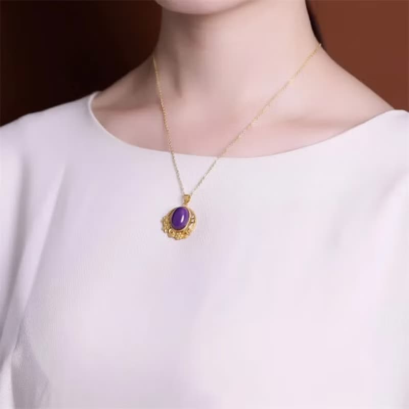 Natural Purple Gemstones MICA Pendants Necklaces No Chain Gold Plated Flowers
