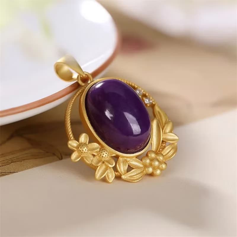 Natural Purple Gemstones MICA Pendants Necklaces No Chain Gold Plated Flowers