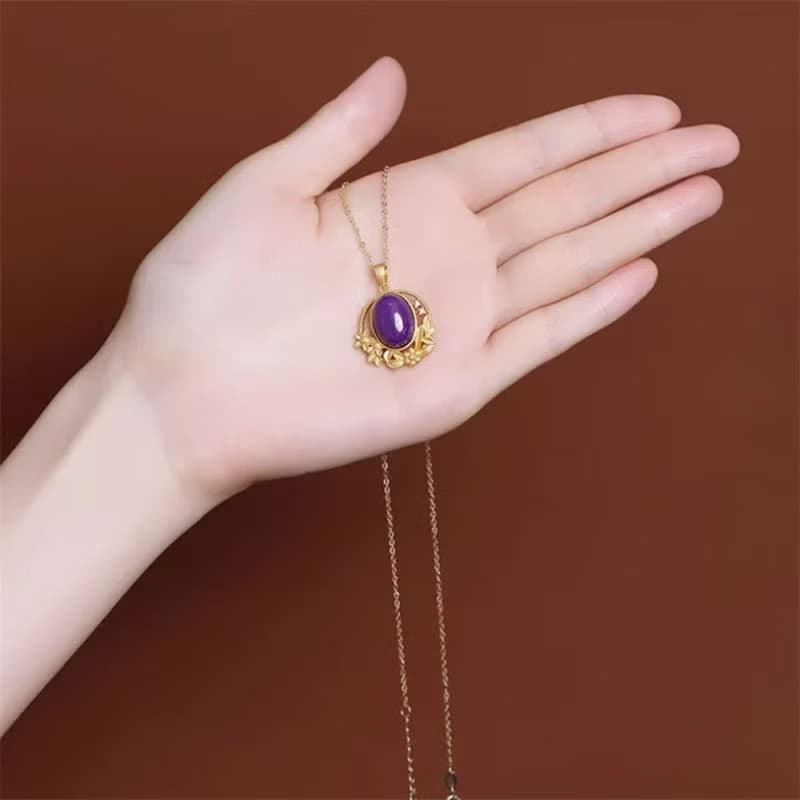 Natural Purple Gemstones MICA Pendants Necklaces No Chain Gold Plated Flowers