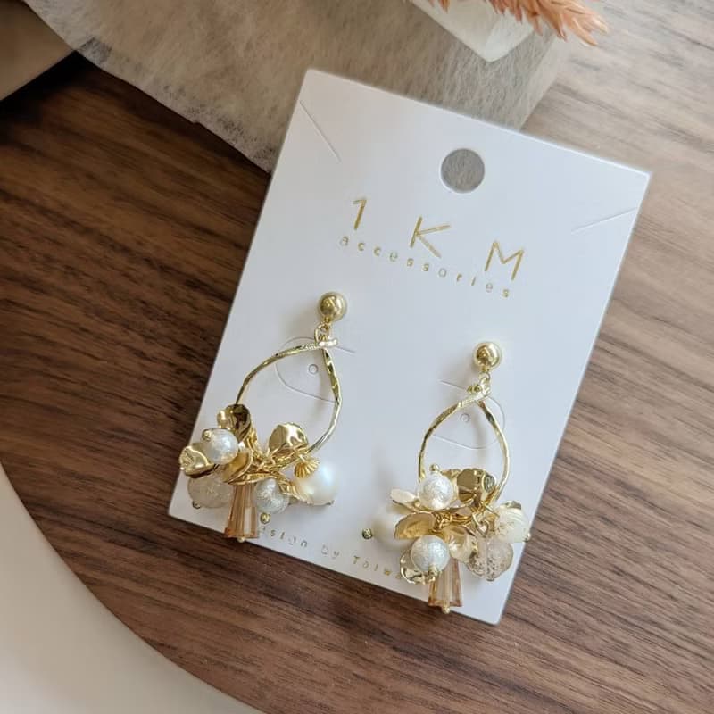 1KM 展開儀式感•金花珍珠垂墬耳環