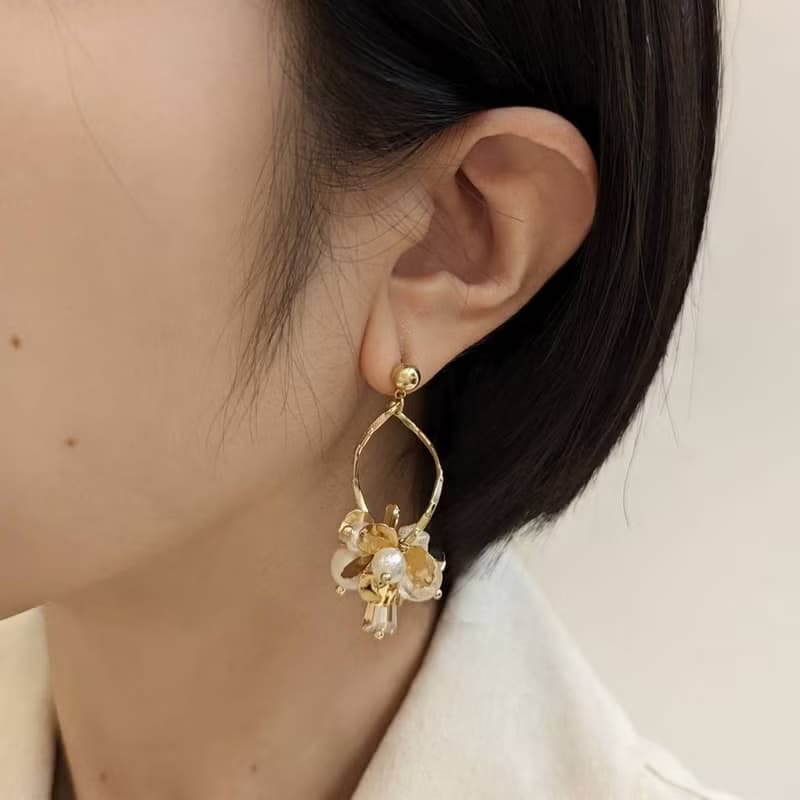 1KM 展開儀式感•金花珍珠垂墬耳環