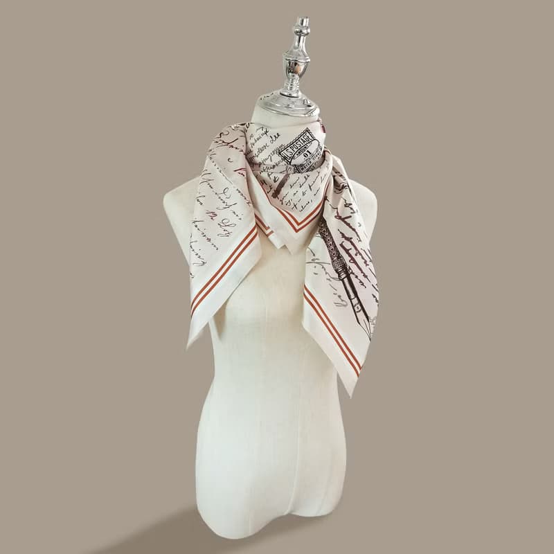 ::真絲絲巾100%silk:: —英文書信印花大方巾 90x90cm禮