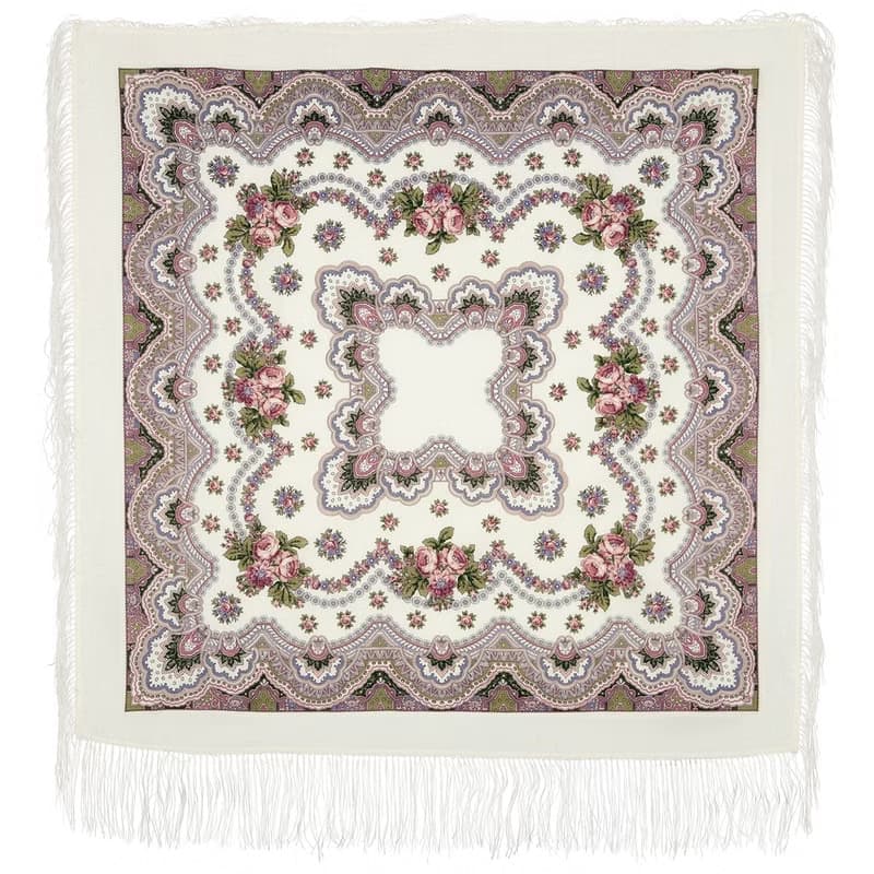 Pavlovo Posad Russian Shawl 100% Wool Scarf 125x125 cm Wrap Silk Fringe 527-1