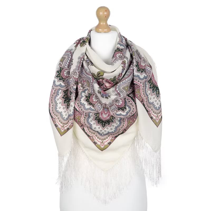 Pavlovo Posad Russian Shawl 100% Wool Scarf 125x125 cm Wrap Silk Fringe 527-1