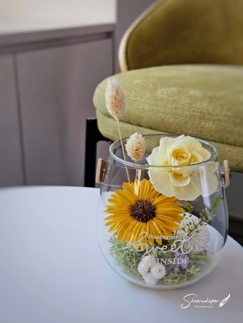 瑕疵花器出清_向日葵玻璃透明皮革提把開幕喬遷永生擴香桌花盆花