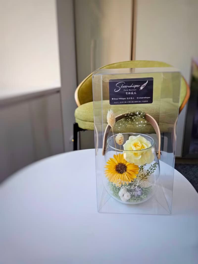 瑕疵花器出清_向日葵玻璃透明皮革提把開幕喬遷永生擴香桌花盆花