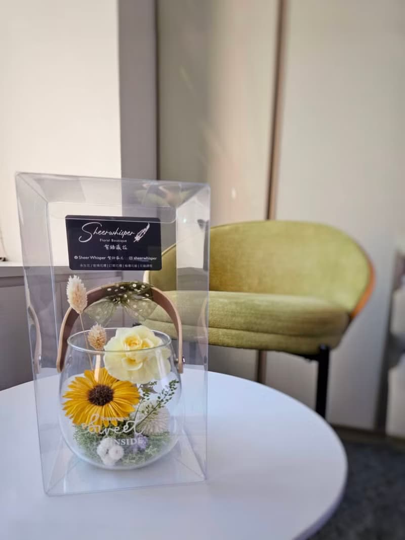 瑕疵花器出清_向日葵玻璃透明皮革提把開幕喬遷永生擴香桌花盆花