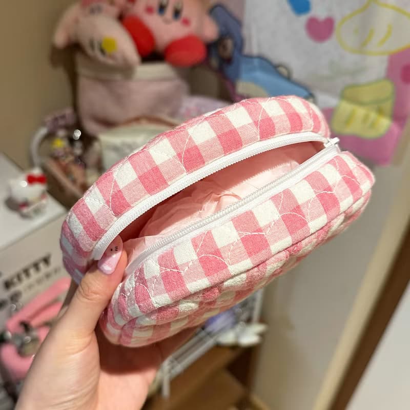 Sweetstore Supply原創玫粉格子可愛簡約清新收納圓餅包