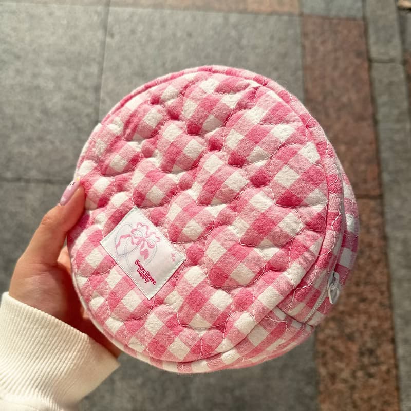 Sweetstore Supply原創玫粉格子可愛簡約清新收納圓餅包