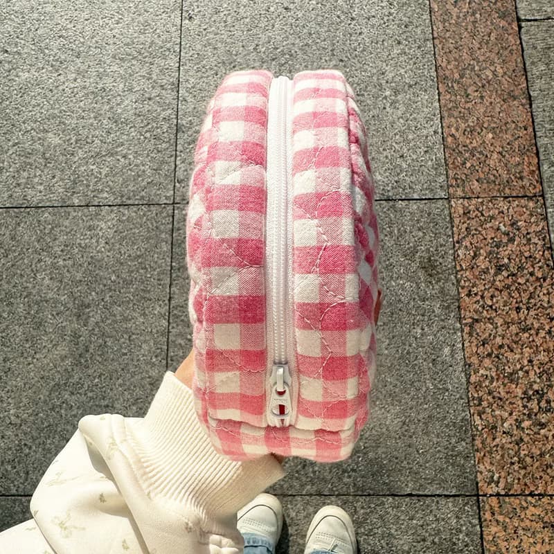 Sweetstore Supply原創玫粉格子可愛簡約清新收納圓餅包
