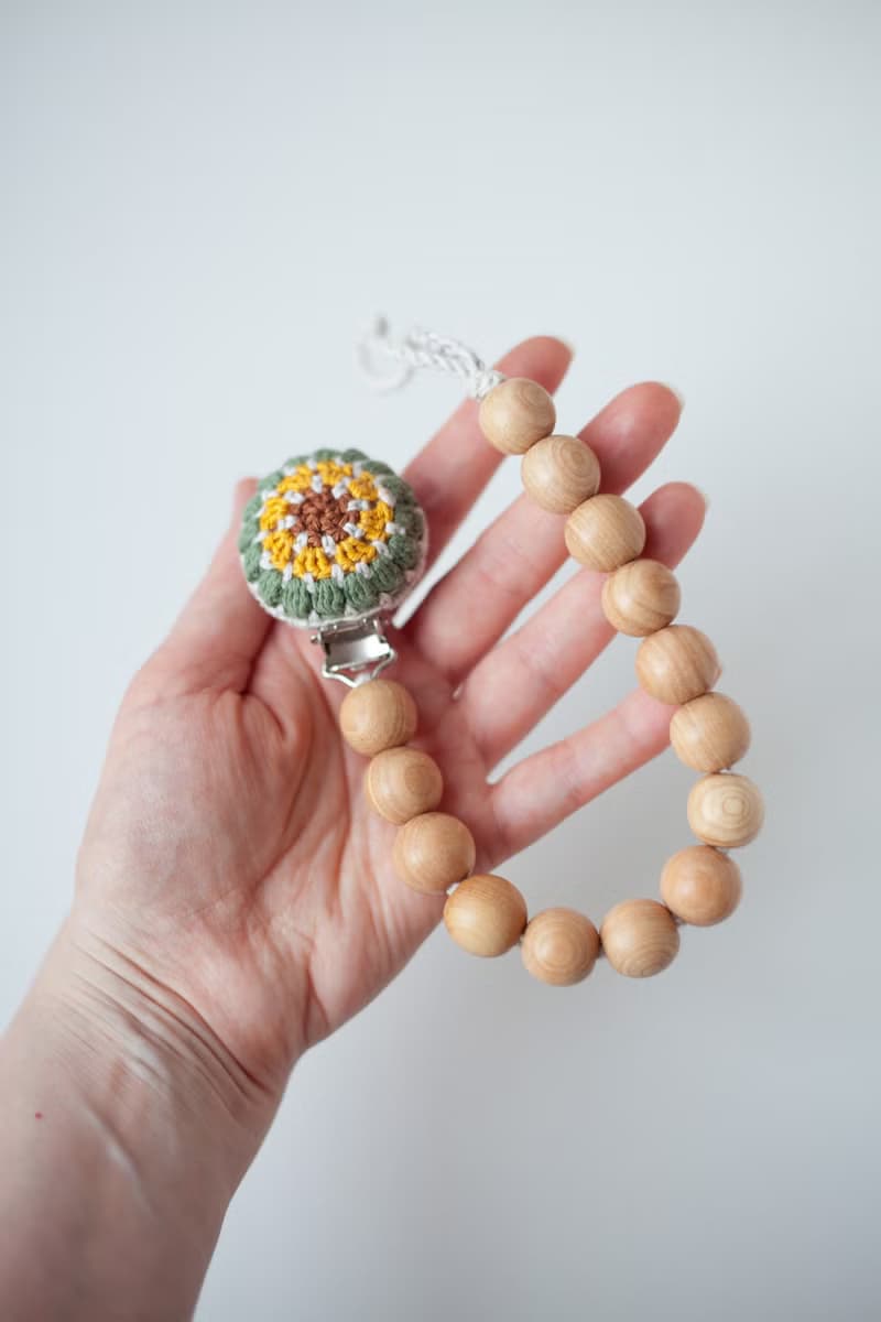 Pacifier Clip Holder with Crocheted Clip - Dummy Clip - Wooden Stroller Chain