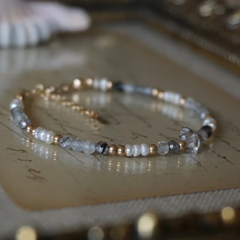 ll 暗夜微光的珍藏 ll 赫基蒙 淡水珍珠 黑髮晶 美國14kgf手鍊